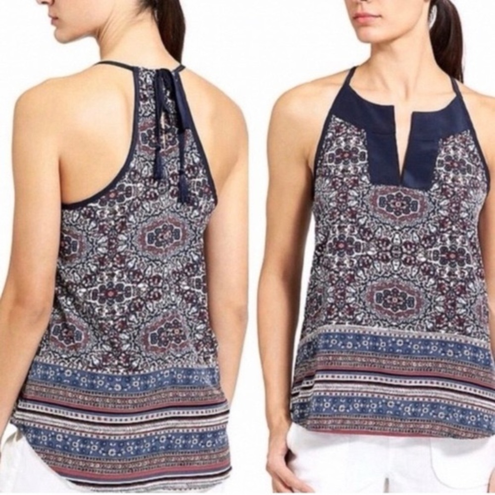 Athleta Medallion Dunes Blue Sleeveless V-Neck Tie Back Tank Top XS Boho